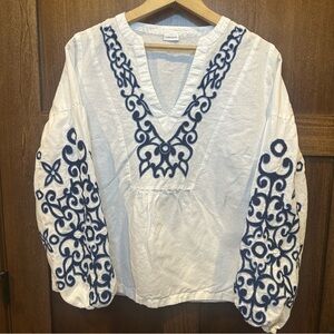 Lascana Linen Blend White Blouse with Navy Embroidery